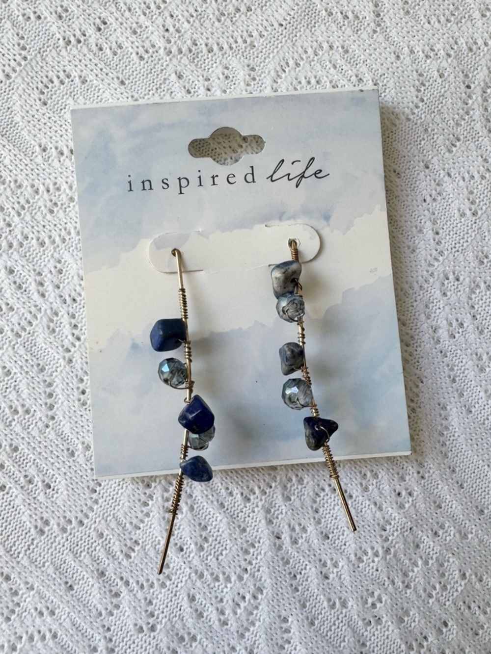 Inspired Life Earrings Blue Stone Chip Faceted Bead Linear Dangle Boho